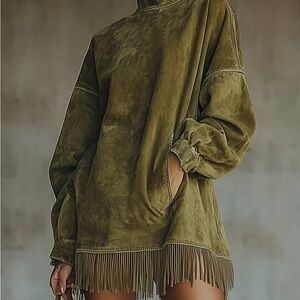 Megan  and Joy Olive Fringe Hem turtleneck dress FAUX SUEDE
NEW